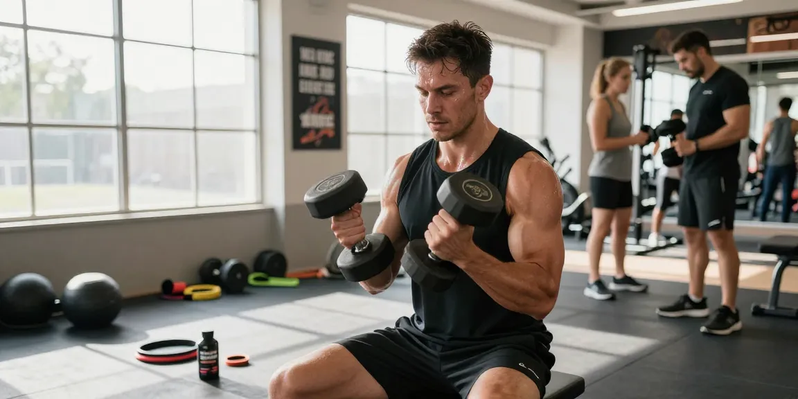 Prime Pharma Steroiden showcased in a dynamic gym scene with athlete performing bicep curls.