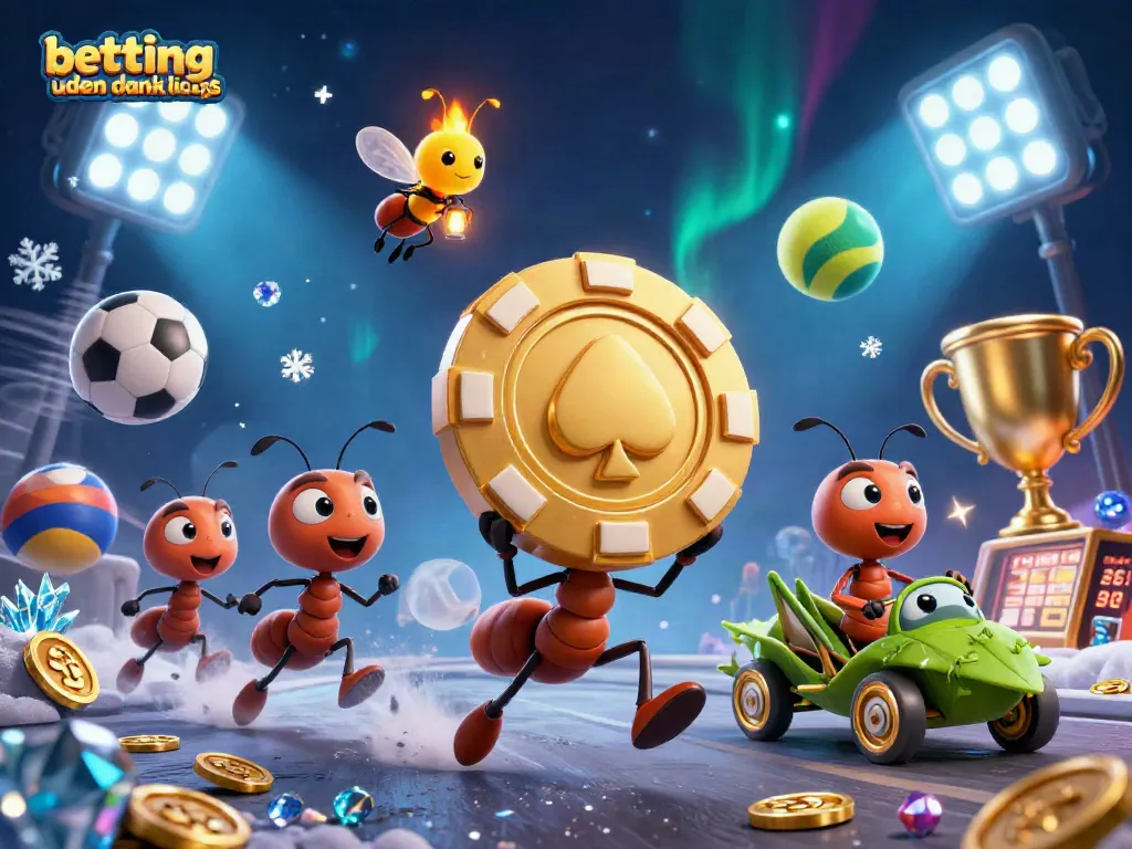 Experience betting uden dansk licens with a vibrant heist scene featuring ants, sports elements, and dynamic action