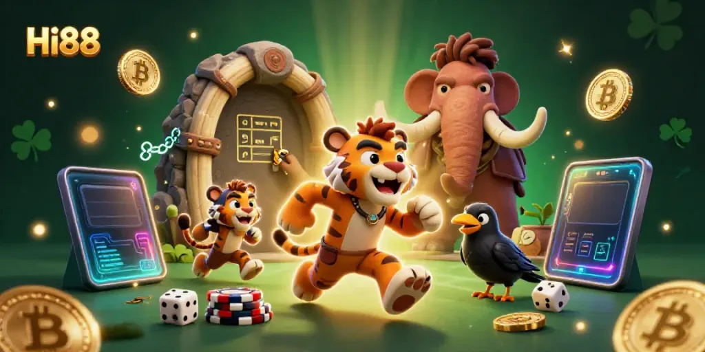 Experience excitement at Hi88 with a 3D casino scene featuring a caveman, sabertooth tiger, and a crow amidst neon cryptocurrency elements.