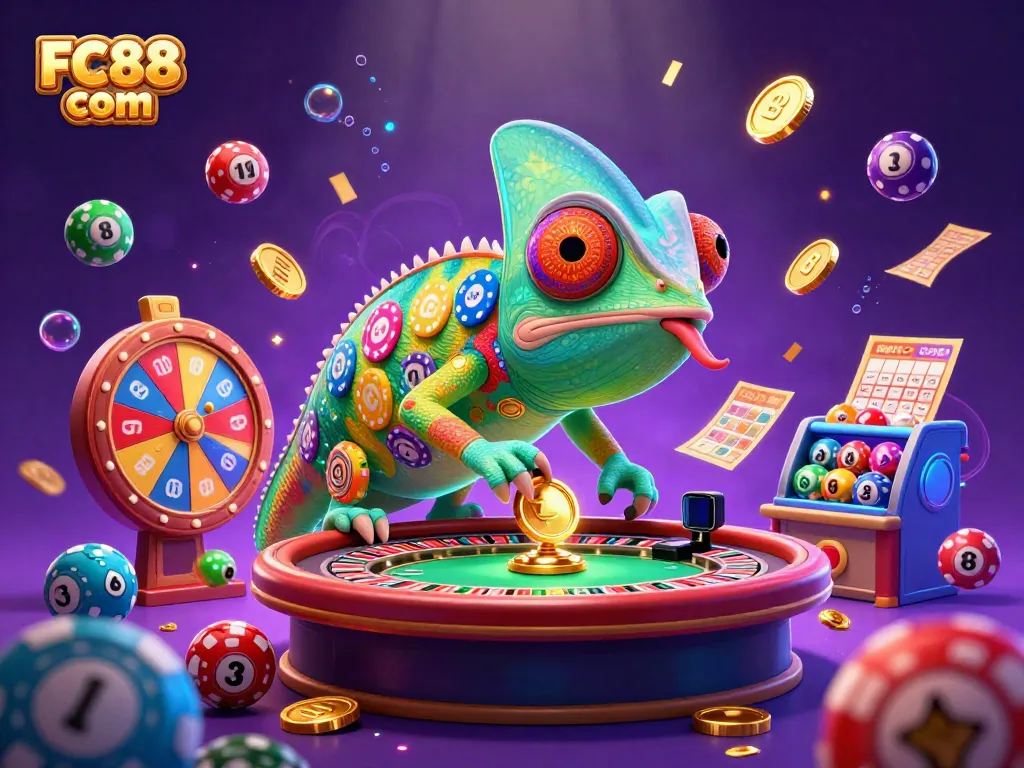 Experience the excitement of FC88 com with the colorful and dynamic chameleon casino owner surrounded by vibrant gambling elements.