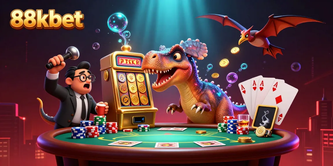 88kbet features a pachycephalosaurus hitting a slot machine for jackpot coins in a lively casino setting.