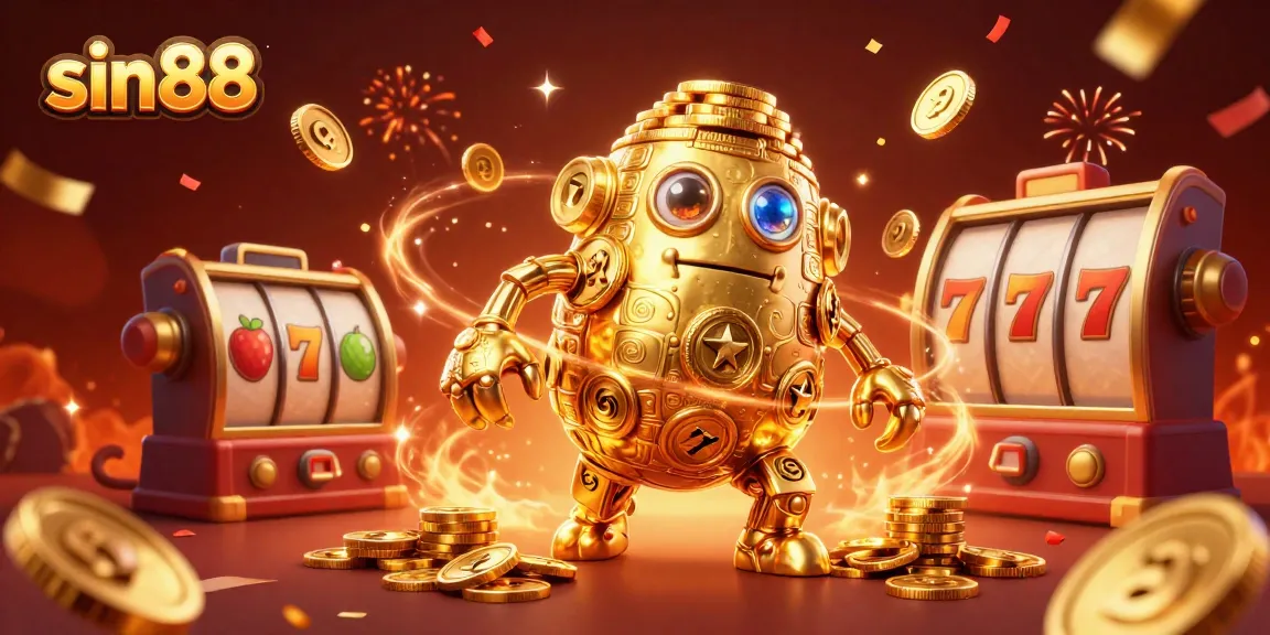 Experience thrilling wins at sin88 with a golden golem and vibrant slot reels sparkled with gems.