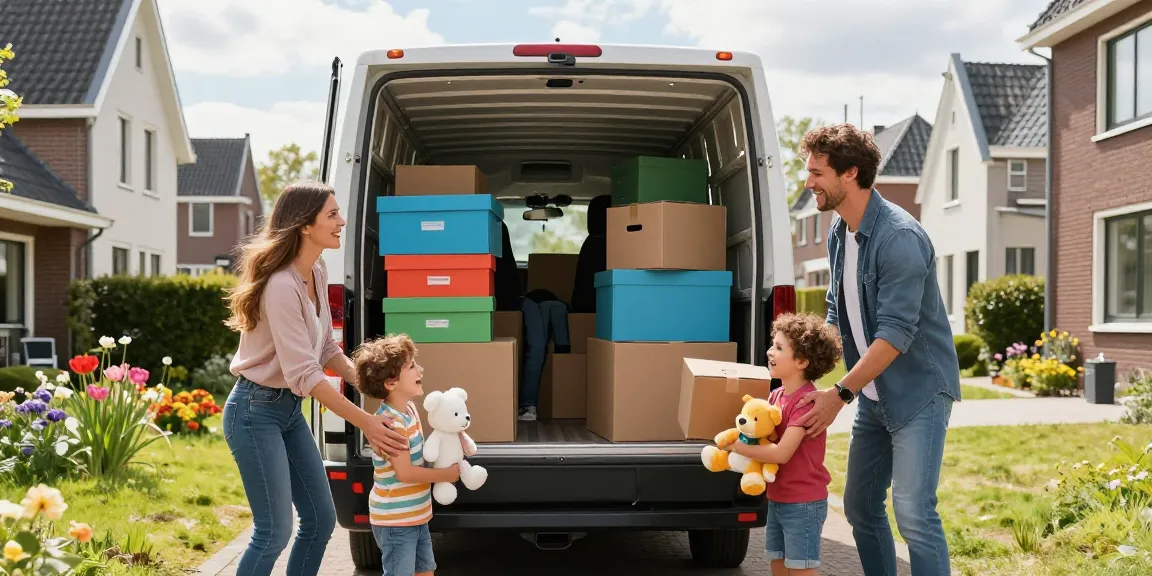 Family packing boxes for their verhuisbedrijf den haag moving day, showcasing excitement and teamwork.