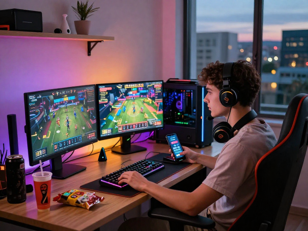 Exciting gaming setup featuring an online casino game from oxbet com, dual monitors, and vibrant LED lights.