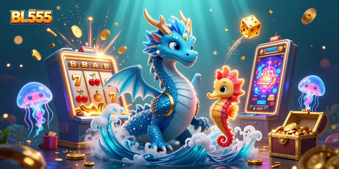 Experience the thrill of BL555 with a vibrant slot game scene featuring animated characters and casino elements.