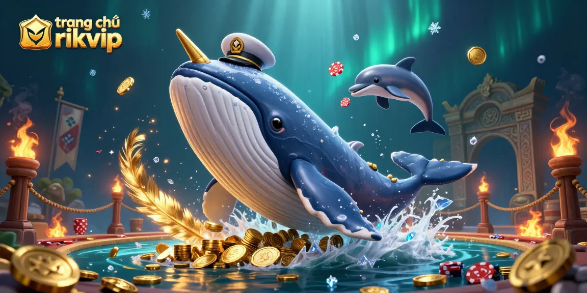 Engage with trang chủ rikvip as a whale sails through coins, surrounded by casino excitement.