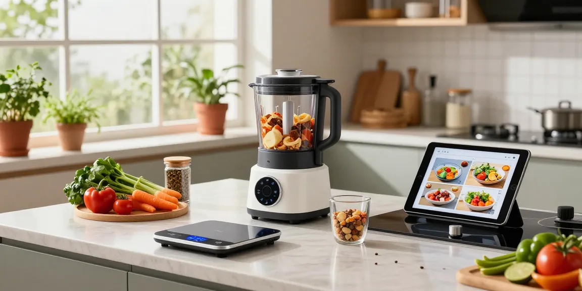 Smart kitchen gadgets enhance meal prep with a food processor and tablet in a bright modern kitchen.