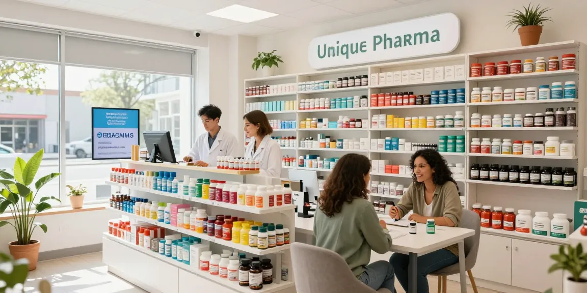 Interieur van Unique Pharma Shop met apotheker en klant, levendige sfeer.