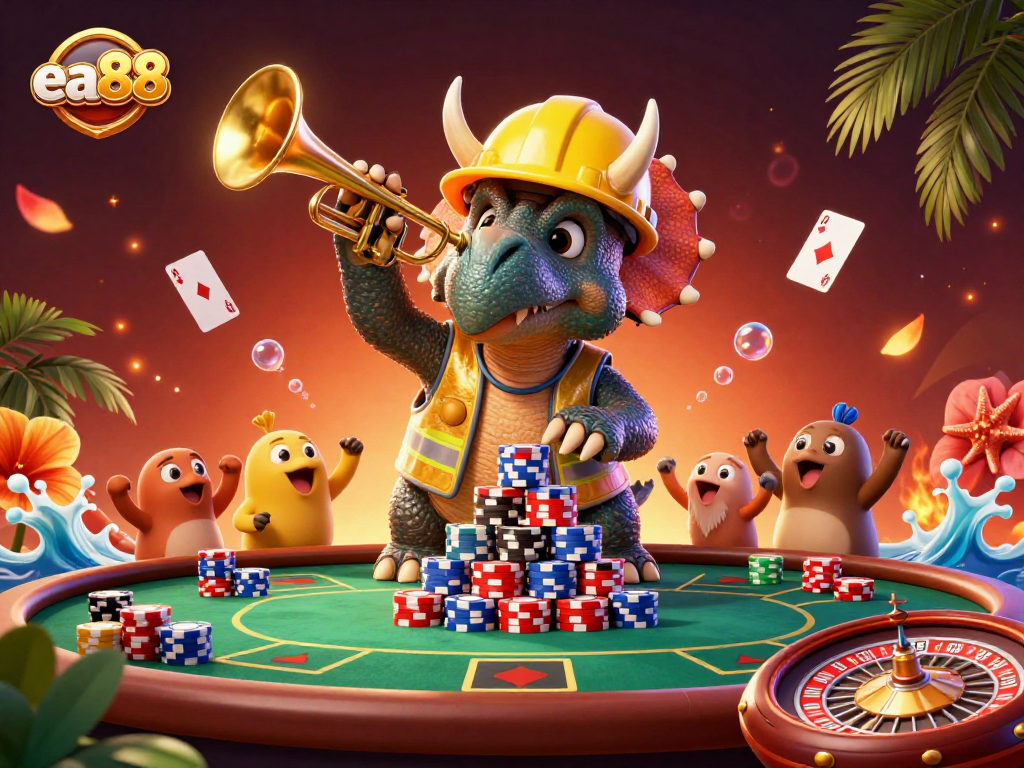 ea88 showcases a lively 3D casino scene with animated dinosaurs celebrating poker wins.