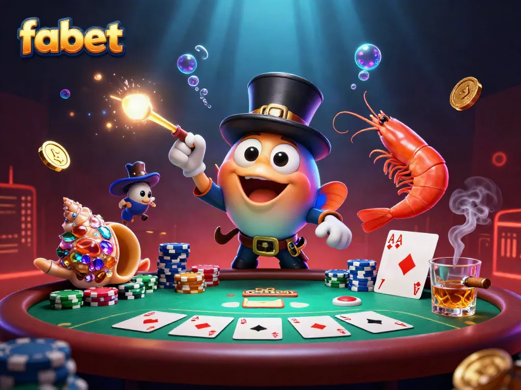 Engage with fabet's vibrant casino scene featuring a playful anglerfish and treasure-filled characters.
