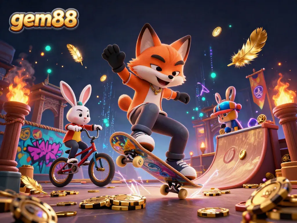 Experience the excitement of gem88 with our exclusive 3D casino-themed illustration, showcasing dynamic characters and vibrant scenes.