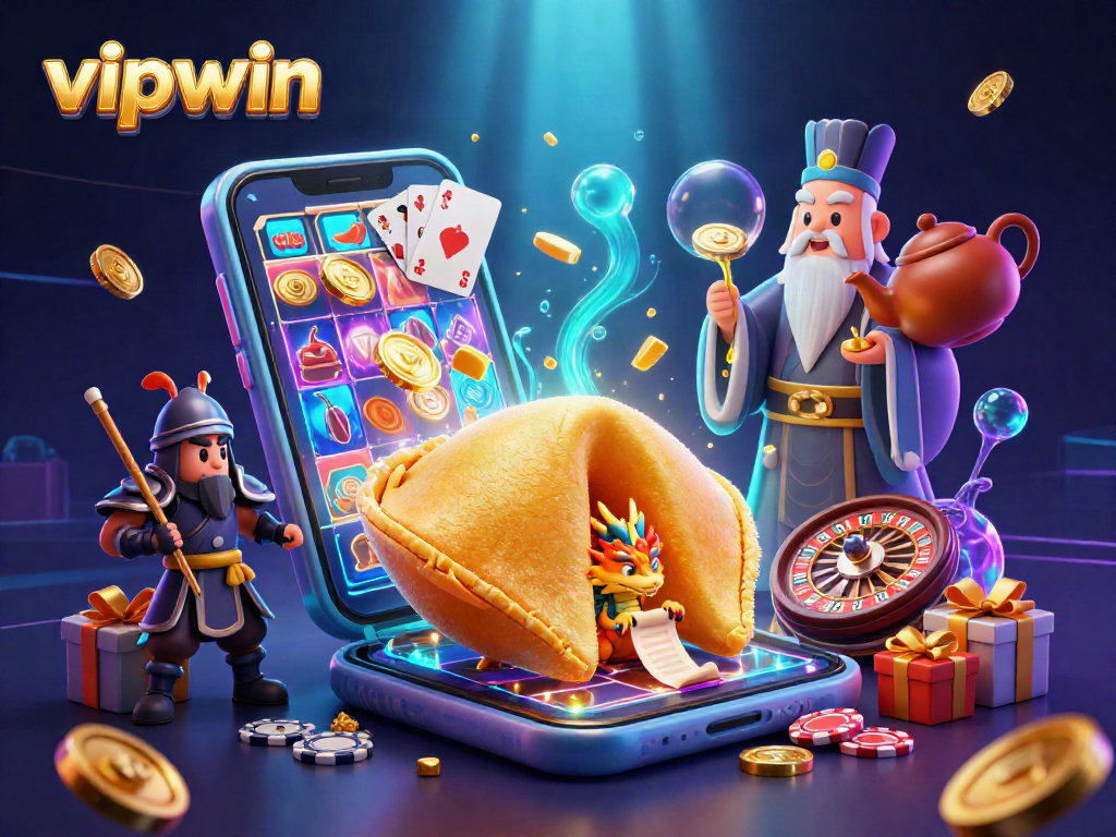 Engage with vipwin's thrilling 3D casino adventure featuring a golden fortune cookie and dynamic gaming elements.