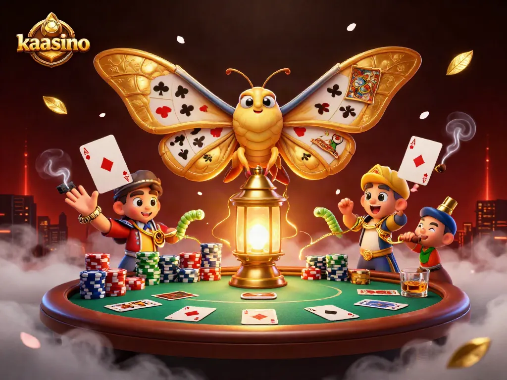 Kaasino showcases an enchanting 3D scene with a moth, vibrant poker elements, and glowing details.
