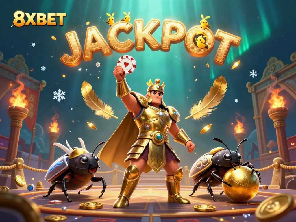8XBET champions the jackpot with a victorious beetle, showcasing exciting gameplay in a vibrant casino atmosphere.