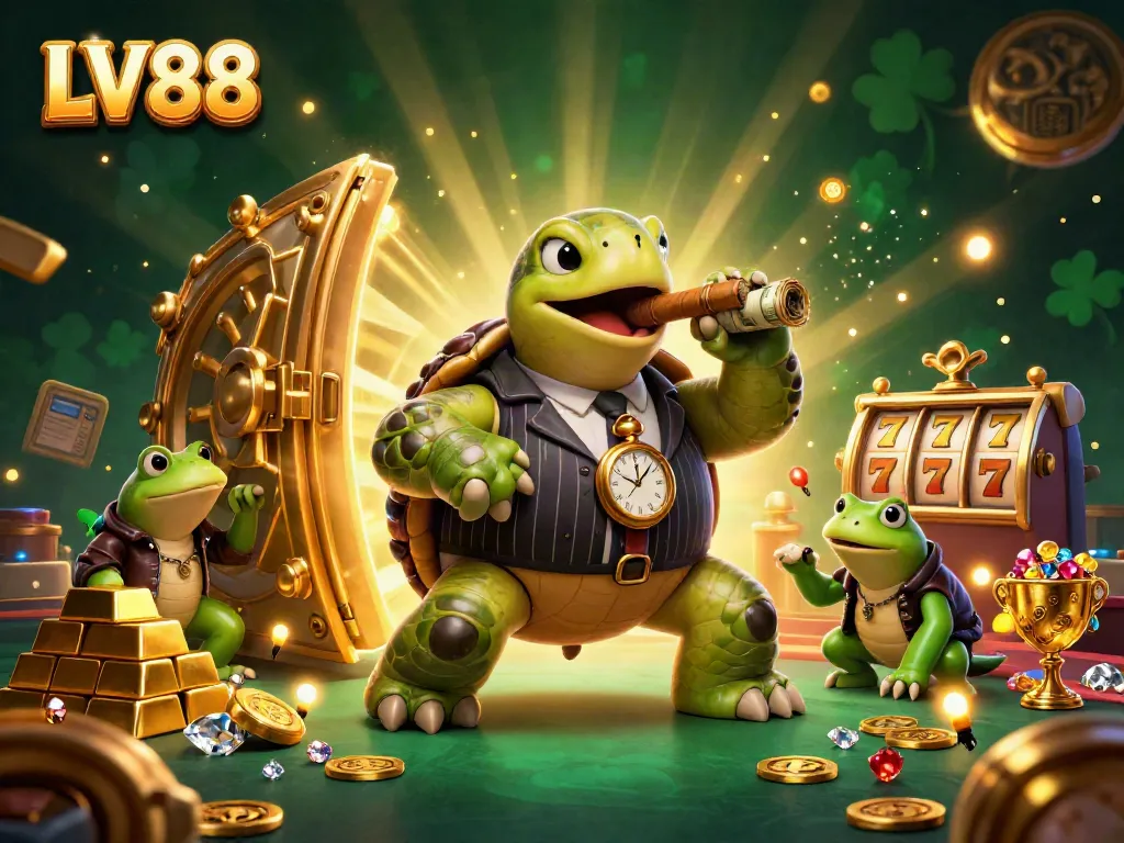 Experience the vibrant LV88 casino world with a memorable snapping turtle mobster and two bullfrog enforcers.