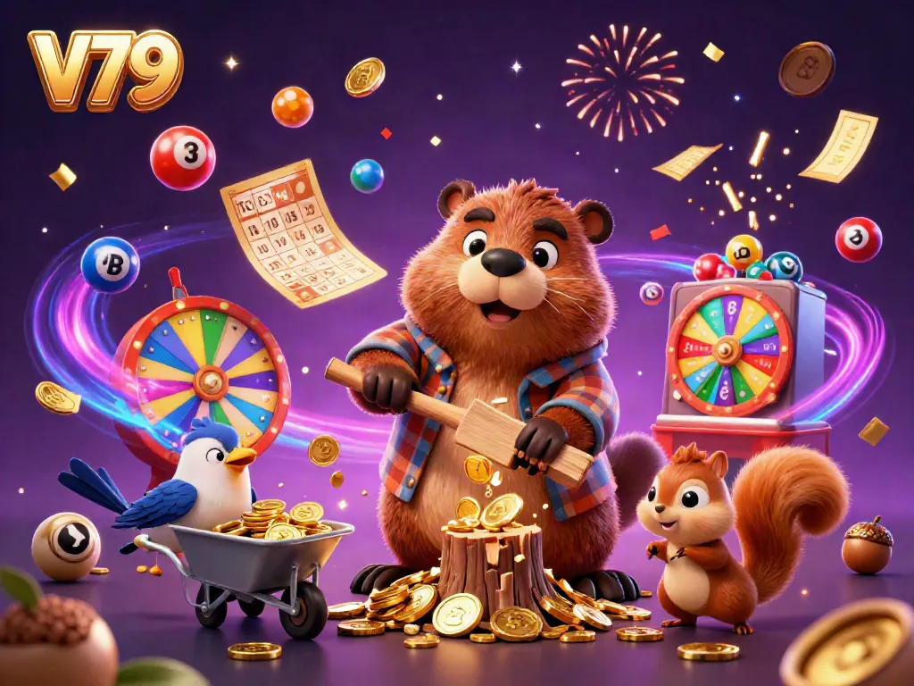 V79 beaver character features dynamic gold coin rain with vibrant casino elements.