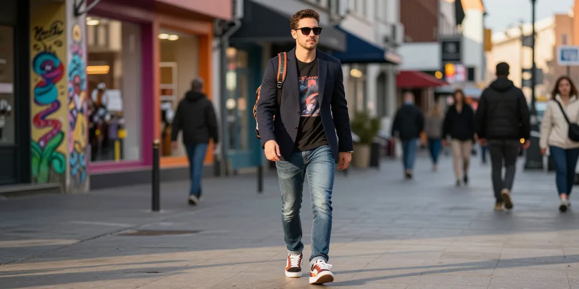 Stijlvolle man in herenmode die door een drukke stad loopt met casual outfit.