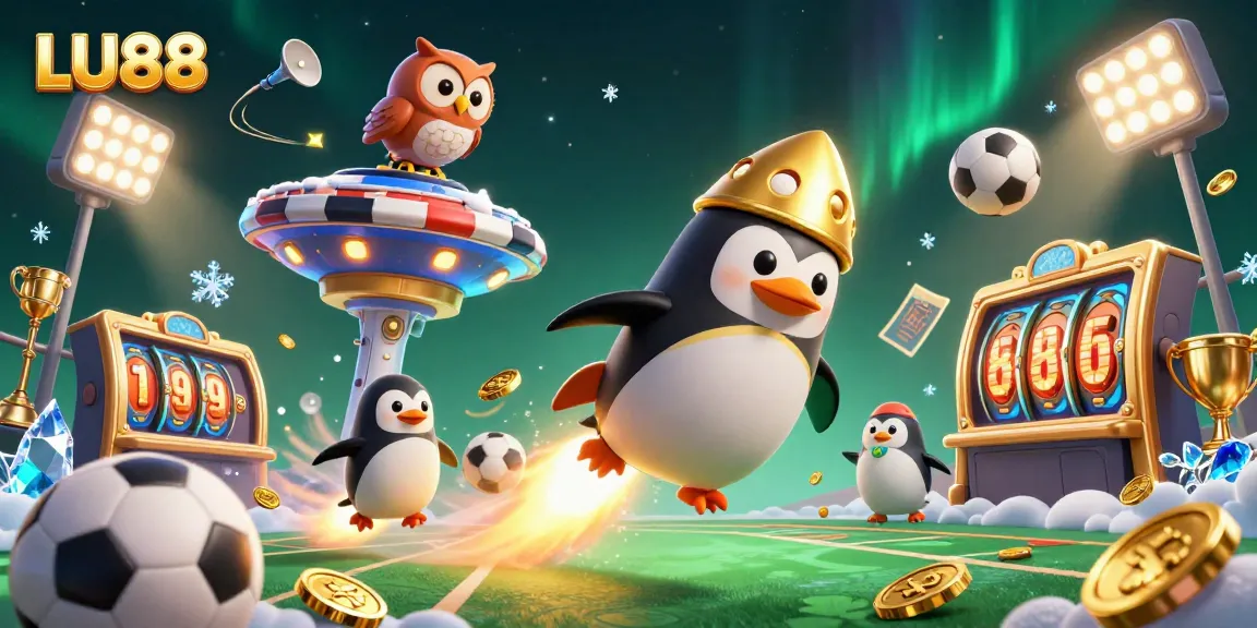 Experience exciting LU88 gaming with a rocket-powered penguin and dynamic casino elements.