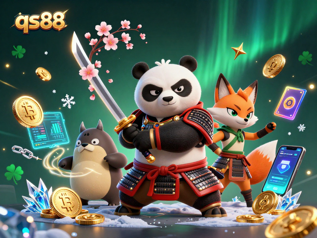 Level up your gaming with qs88, featuring dynamic characters and crypto elements in a vibrant casino scene.