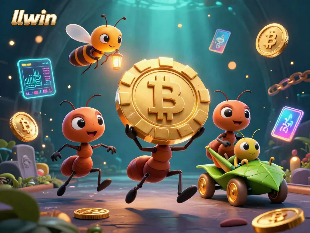 Engage with llwin's exciting heist featuring a team of ants and crypto elements in a colorful 3D illustration.
