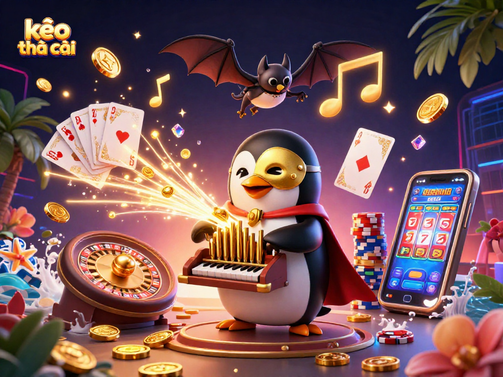 Experience kèo nhà cái excitement with dynamic golden coins, a phantom penguin, and vibrant casino elements.