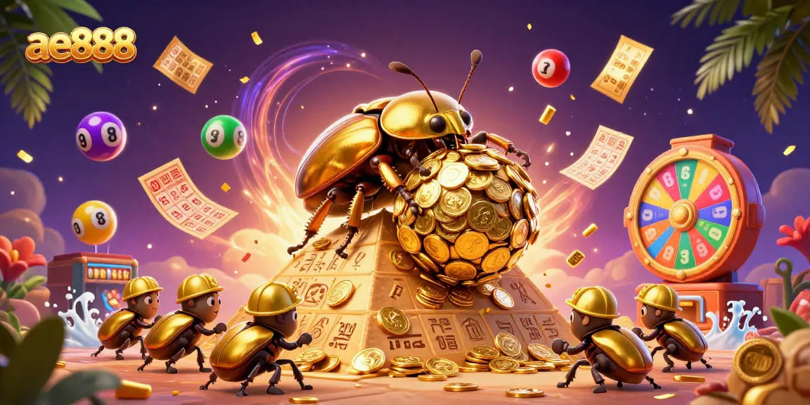 Experience the thrill of ae888 with golden coins cascading as beetles engage playfully in a vibrant casino scene.