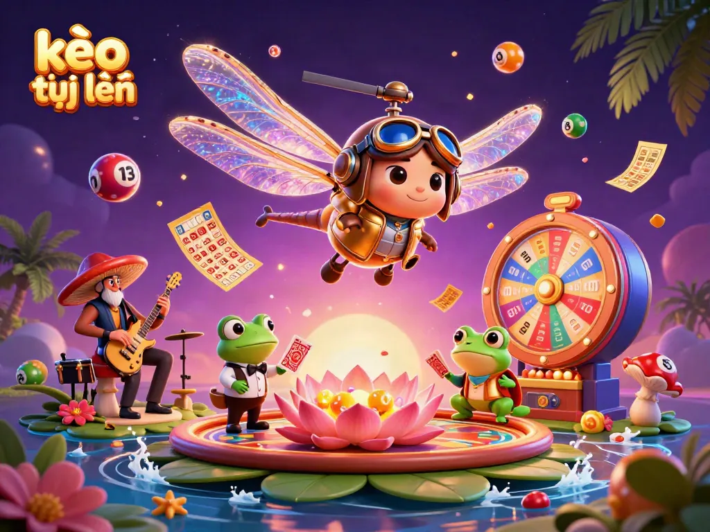 Engage in kèo trực tuyến with a vibrant 3D illustration of a dragonfly pilot above a lily pad casino, featuring dynamic gambling elements.