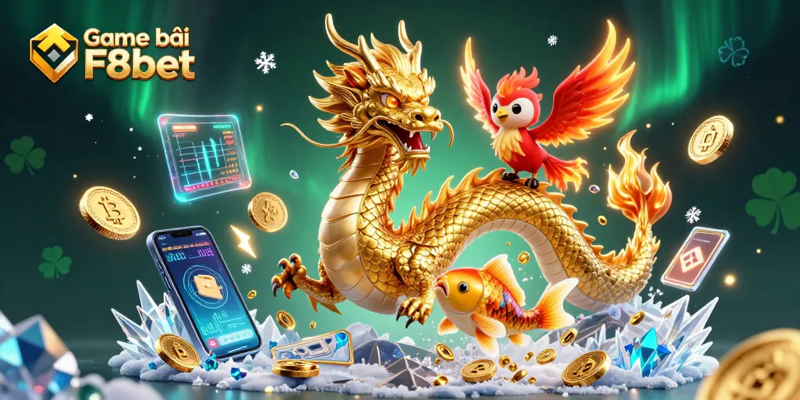 Engage with Game bài F8bet featuring a golden dragon, red phoenix, and koi fish amidst dynamic casino elements.