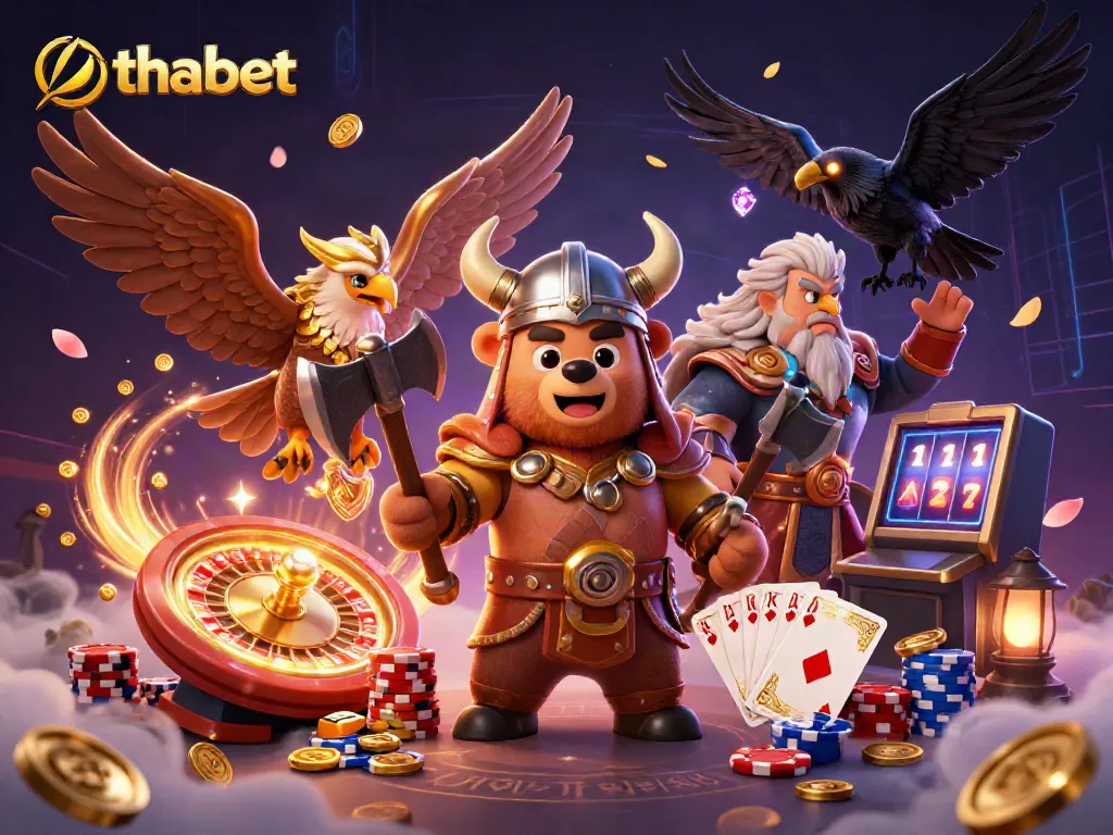Experience the thrilling ambiance of Thabet with a captivating Viking-themed casino scene, showcasing a berserker bear and Valkyrie eagle amidst vibrant gaming elements.