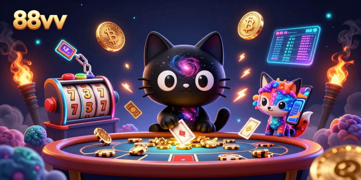 Experience thrilling action at 88vv with slot games and cosmic fun in a dynamic casino illustration.