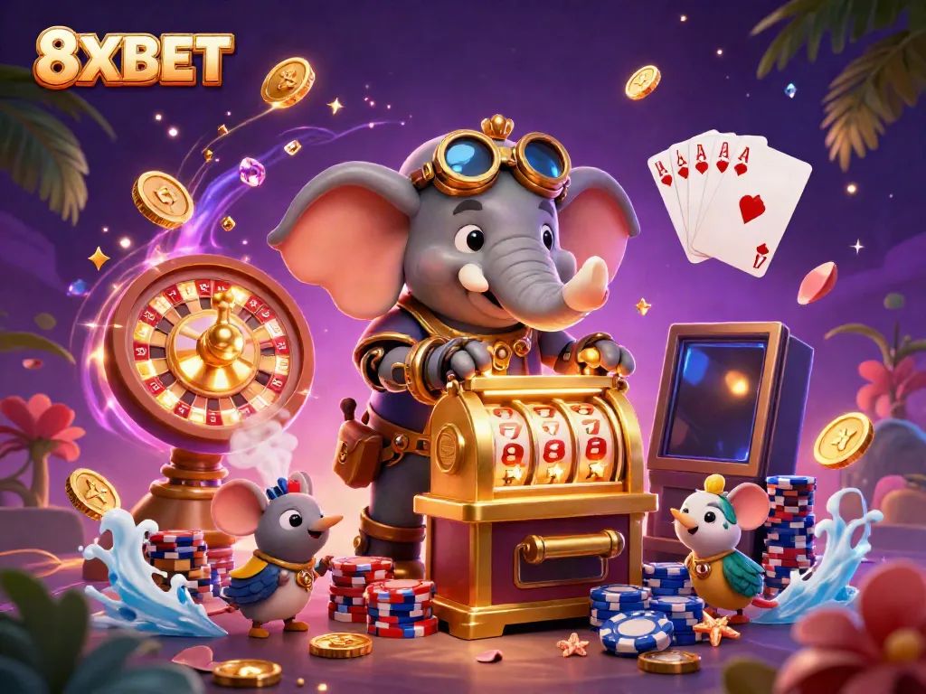 Experience the excitement of 8XBET through a vibrant 3D illustration of a steampunk elephant operating a golden slot machine amidst shimmering coins and gems.