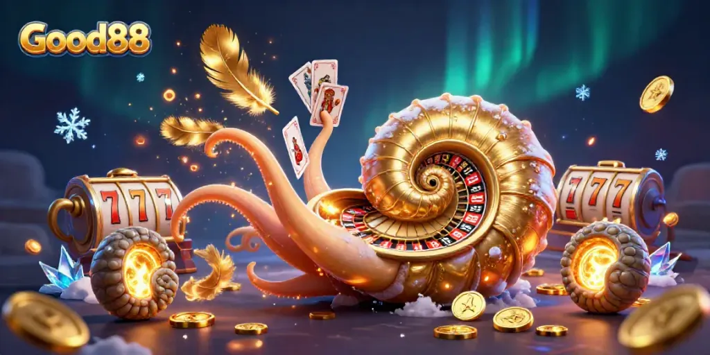 Experience the excitement of Good88 with a vibrant casino scene featuring a giant nautilus and slot machine elements.