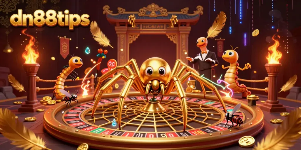 Engage with dn88tips as a golden spider creates a roulette wheel web, enhancing online gaming excitement.