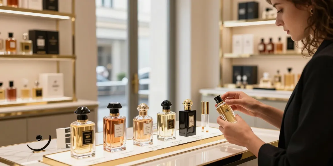Franse Avenue parfum selectie in luxe boetiek, klant test geur.