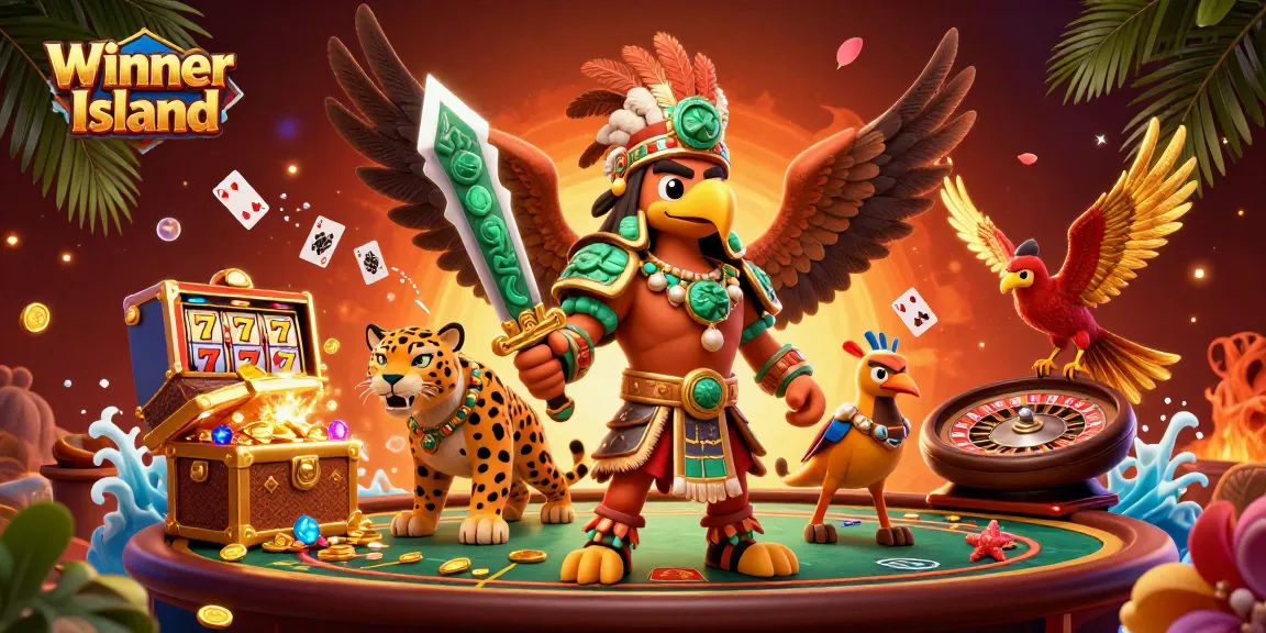 Experience vibrant casino action with Winner Island as Aztec warriors showcase slot reels and roulette tables.