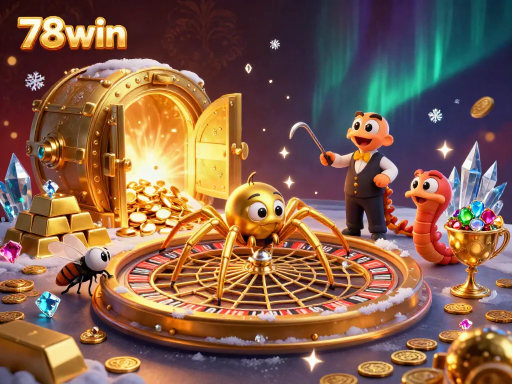 Experience thrilling gameplay at 78win with a dynamic roulette scene featuring a golden spider and vibrant treasures.