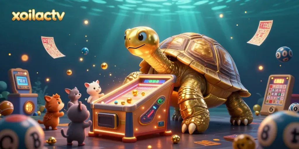 Xoilactv creates exciting gaming experiences with a dynamic tortoise-themed bingo scene filled with colorful elements.