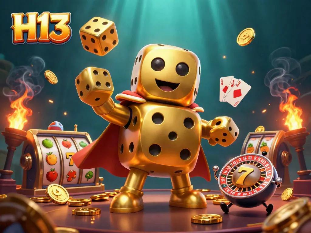 Engage with H13's vibrant casino world featuring dynamic golden dice and slot reels.