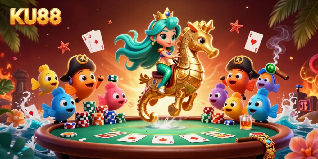 Experience thrilling moments at KU88 with a vibrant 3D casino adventure featuring a mermaid and colorful characters.