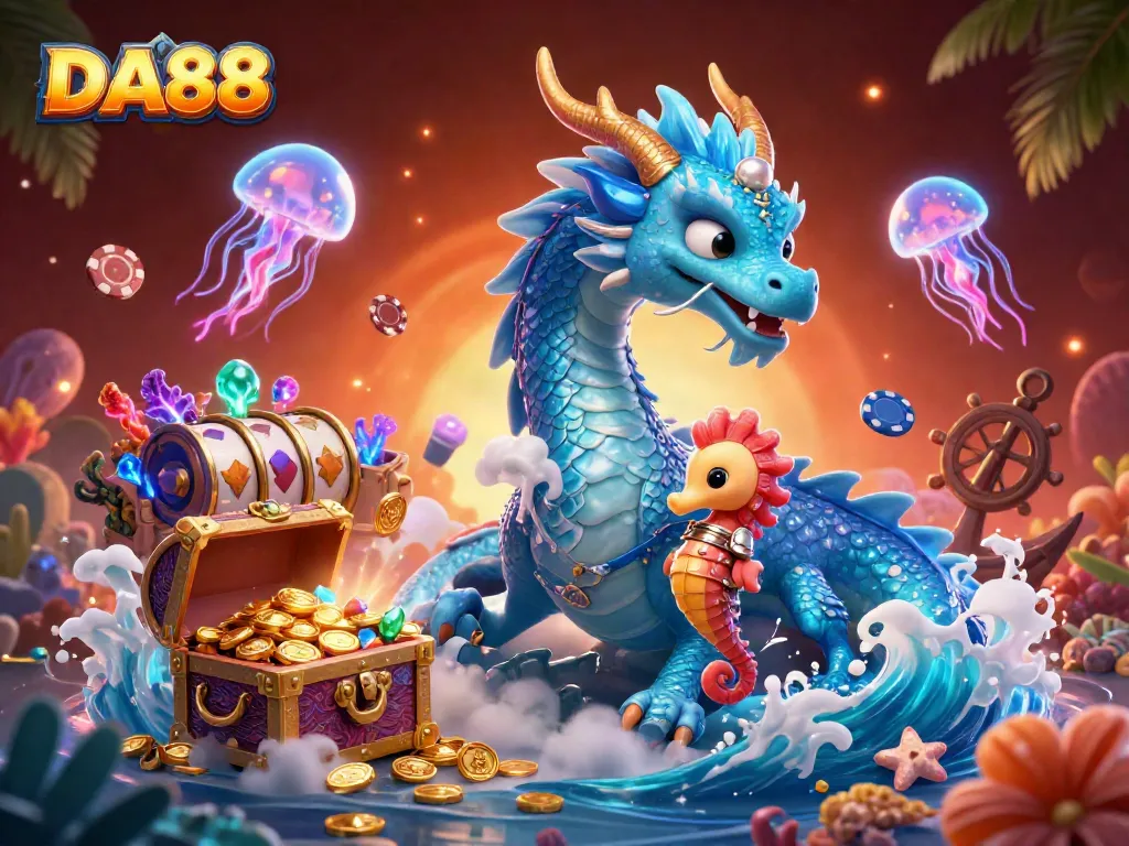 Experience thrilling gameplay with DA88, where a magical water dragon meets vibrant casino elements.