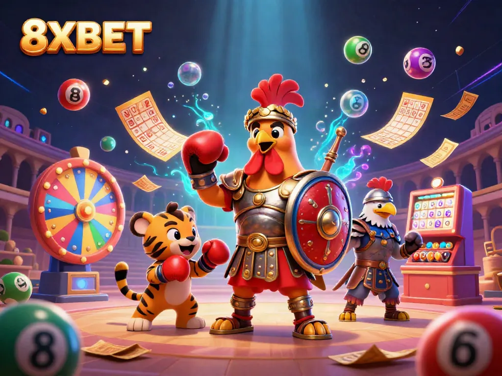 Engage with 8XBET's thrilling casino experience featuring a cartoon gladiator rooster, energetic lottery balls, and vibrant colors.