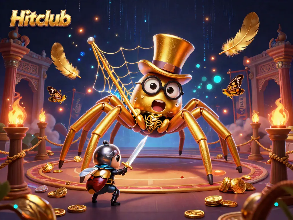Engage with Hitclub's thrilling gambling scene featuring a golden tarantula and beetle knight amidst vibrant casino elements.