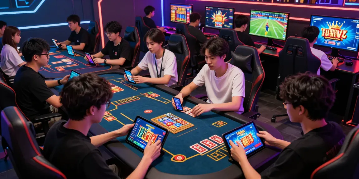 Sun win online gaming dynamic scene with players enjoying card games and slots in a lively atmosphere