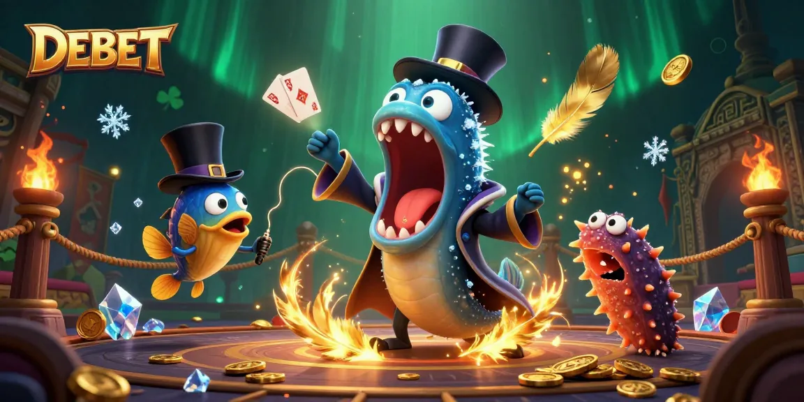Engage with DEBET's thrilling magic show featuring unique underwater characters in an enchanting casino scene.