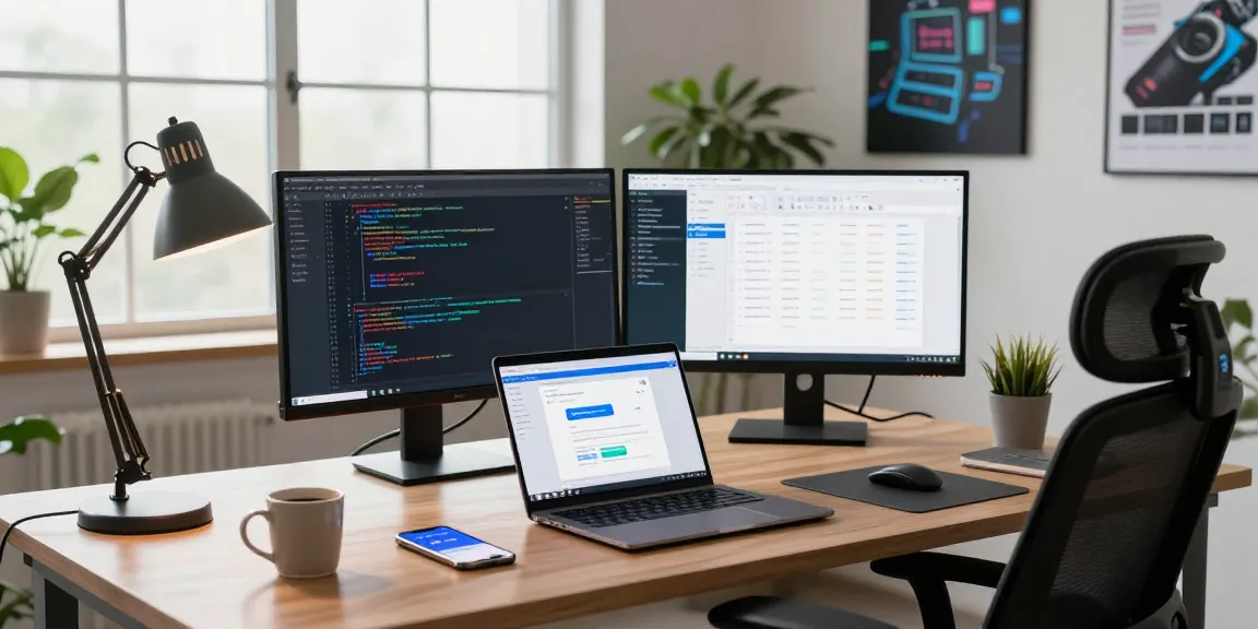 Download WPS Office interface displayed on a developer's laptop in a modern workspace filled with tech elements.