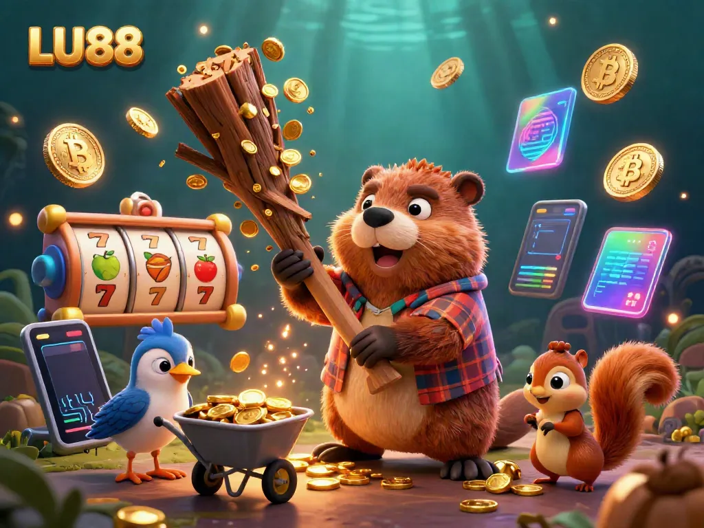 LU88 beaver raining golden coins, with a bird collecting and a squirrel stacking in a vibrant casino scene.