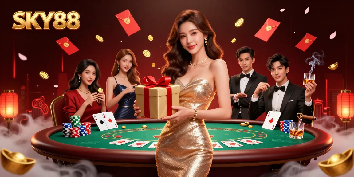 Win big at SKY88 while celebrating Lunar New Year with festive gold and poker elements.