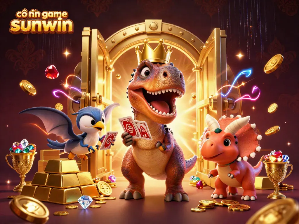 Engaging 3D cartoon scene showcasing cổng game sunwin with a T-Rex shuffling cards and a baby triceratops stacking chips.