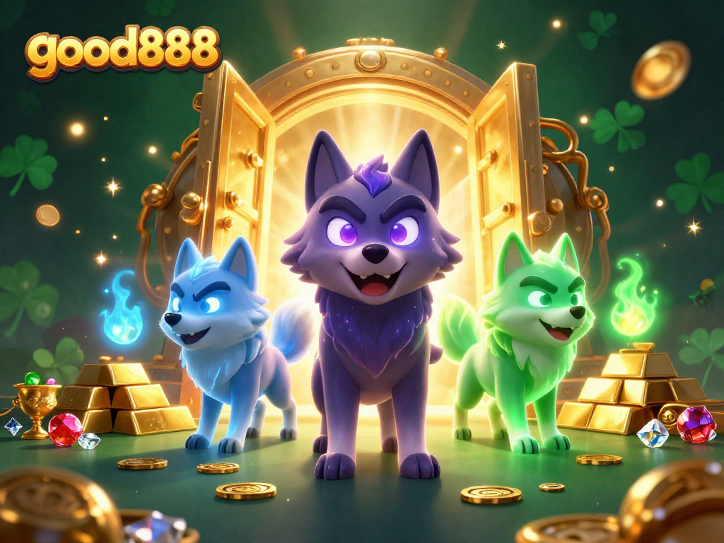 Win big at good888 with the 3D shadow wolf leader and ghostly companions amidst fortune treasures.