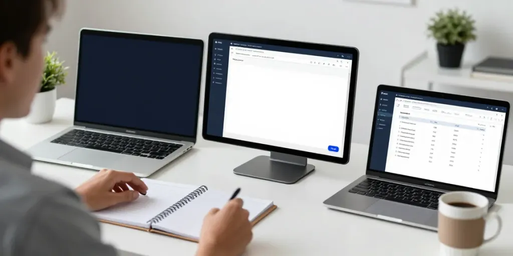 Een professional die .nl domeinnaam registreert en SEO-analyse uitvoert in een moderne werkruimte.